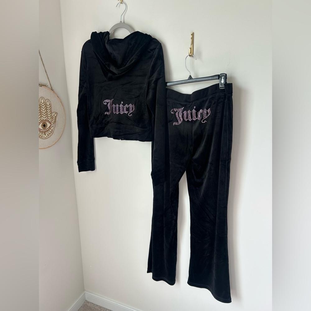 Juicy Couture Black Pink velour zip up jacket and pants Set